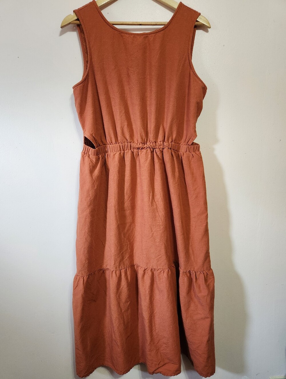 Japna Rust Cutout Tie-Back Smocked Tiered Linen Blend Boho Summer Midi Dress XL